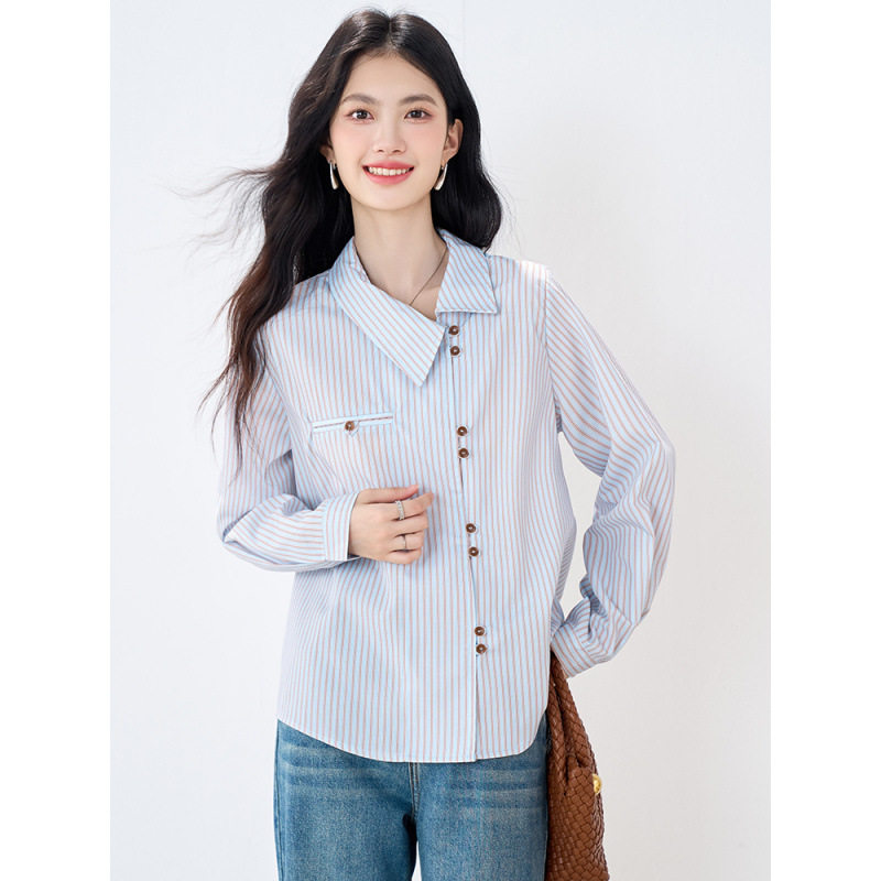 Danise高定 2025年秋季新品 不规则纽扣口袋斜领条纹长袖衬衫女