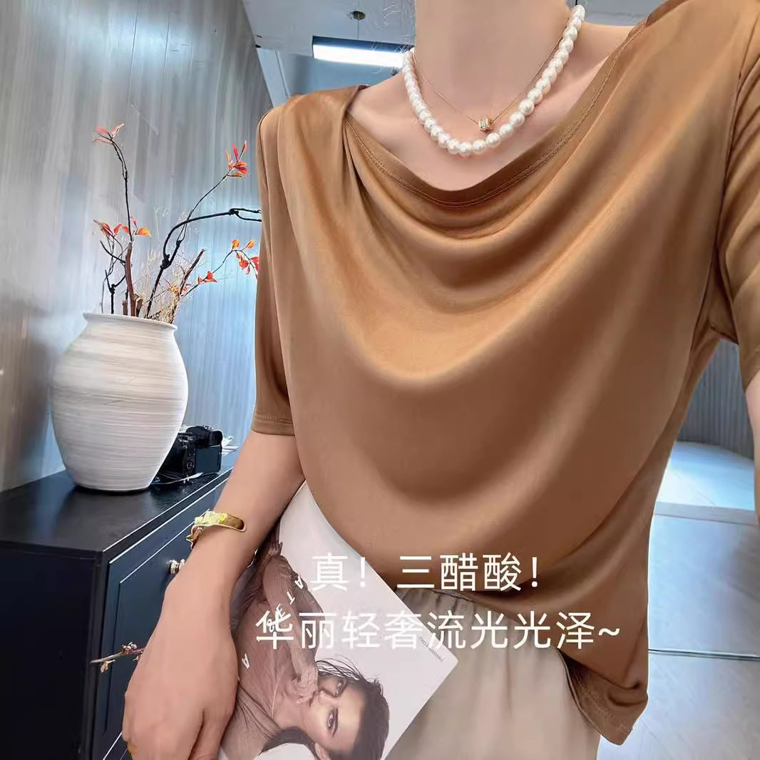 Danise高定 2025年夏季新品 日本三醋酸纯色一字领薄款T恤女