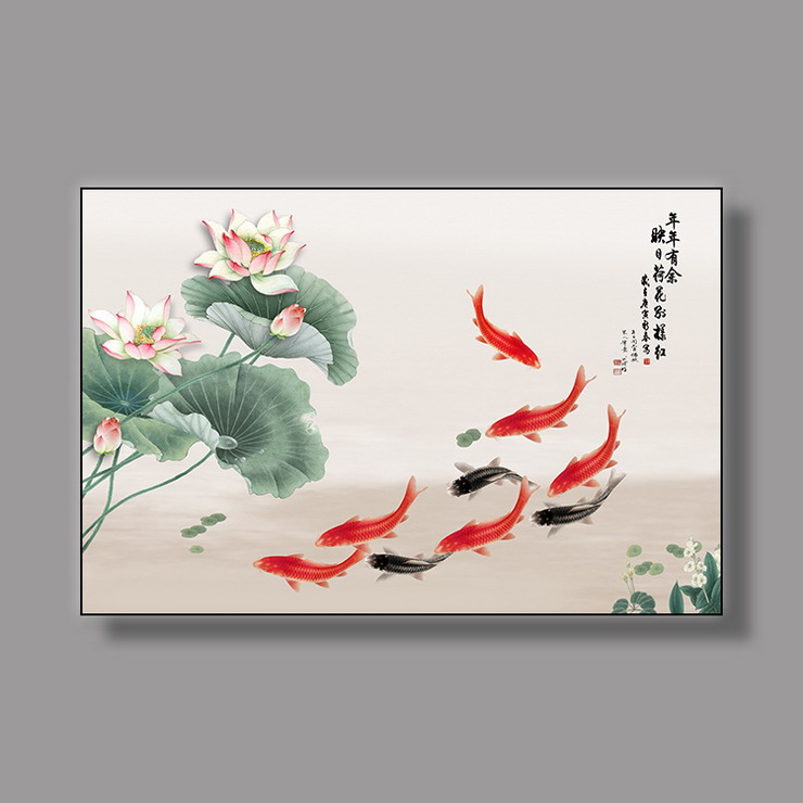 别墅玄关客厅背景画家居装饰画荷花九尾鱼动物无框画定制仿真画图片