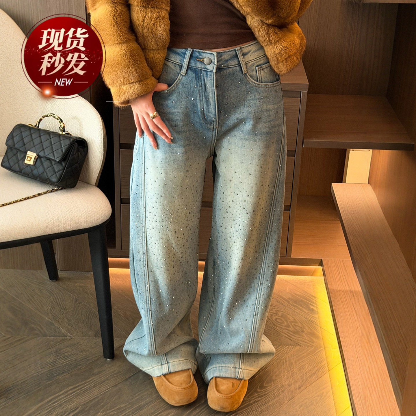 重工烫钻拖地阔腿牛仔裤女欧洲站2025冬装新款欧货女装时尚裤子潮