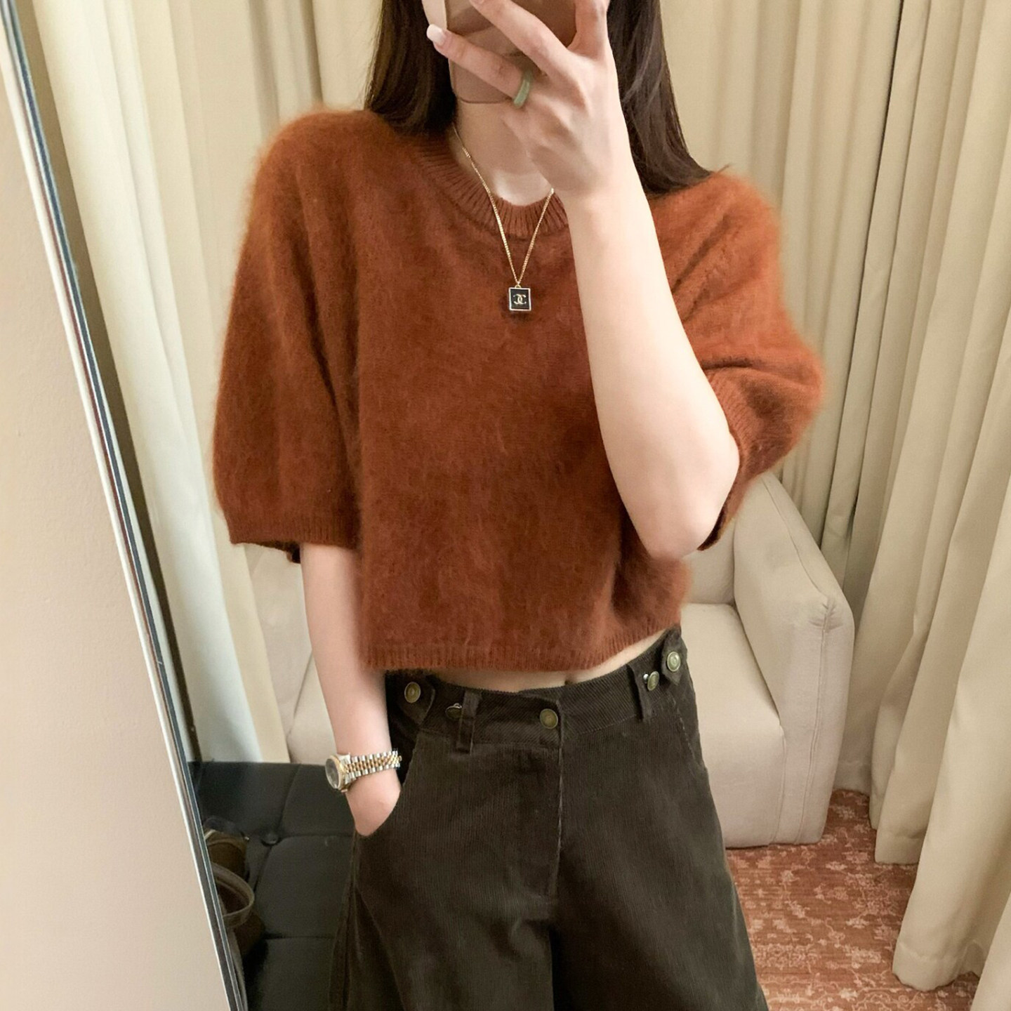 泡泡袖短款羊毛拉绒针织衫欧洲站