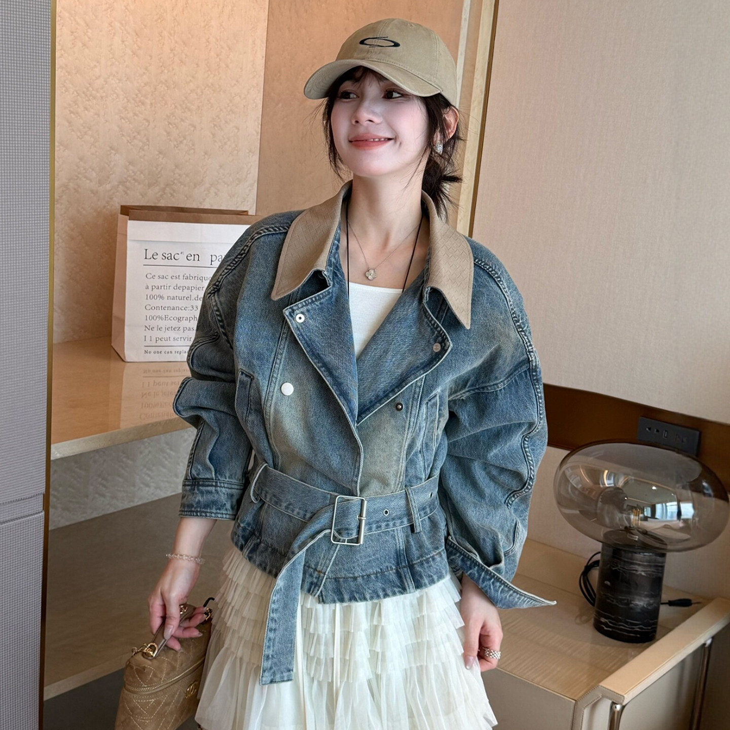 撞色翻领牛仔外套女欧洲站上装潮