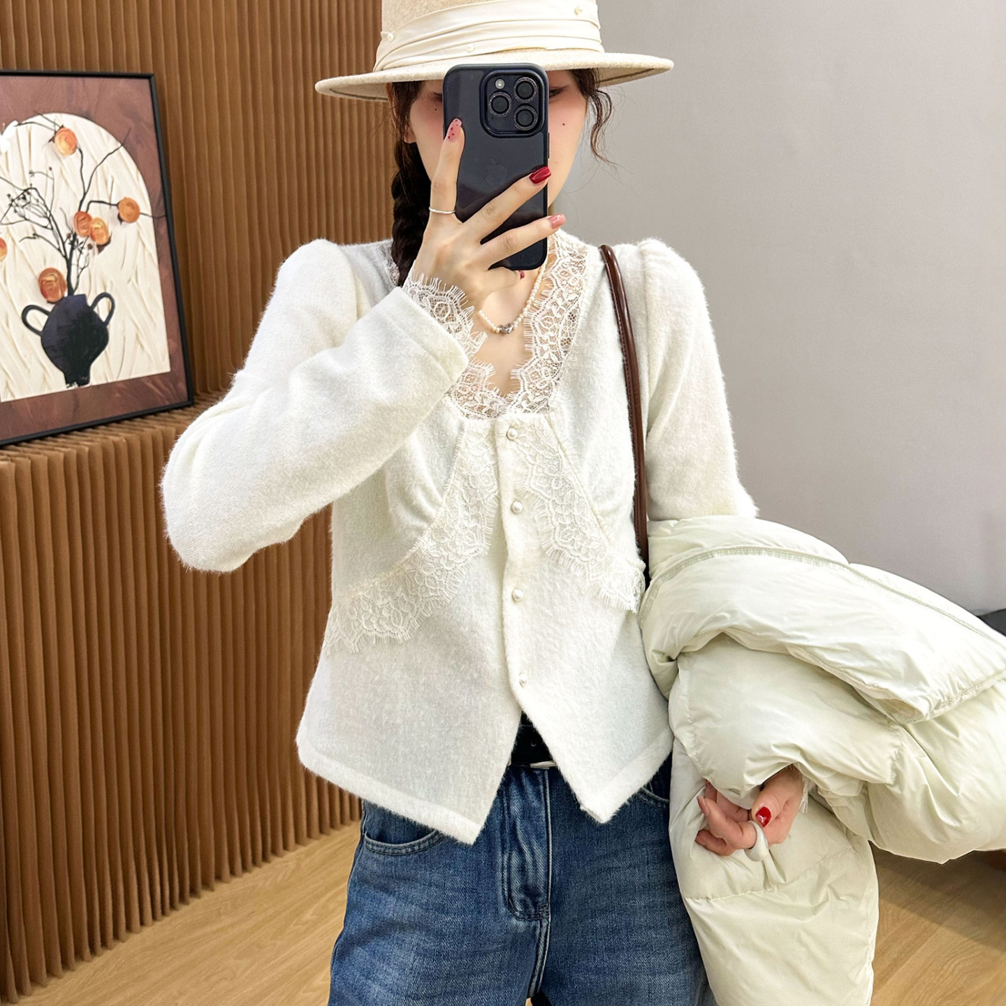 蕾丝拼接钉珠羊毛针织开衫女欧洲站2025冬装新款欧货女装打底衫潮