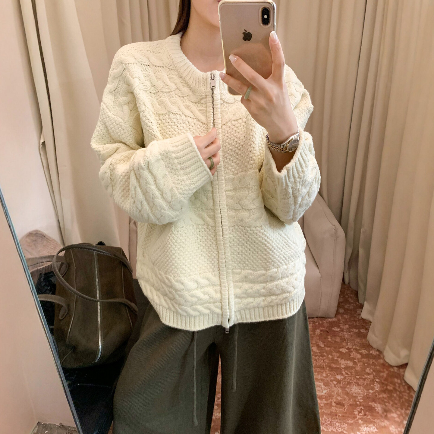 复古麻花纹羊毛针织开衫女欧洲站