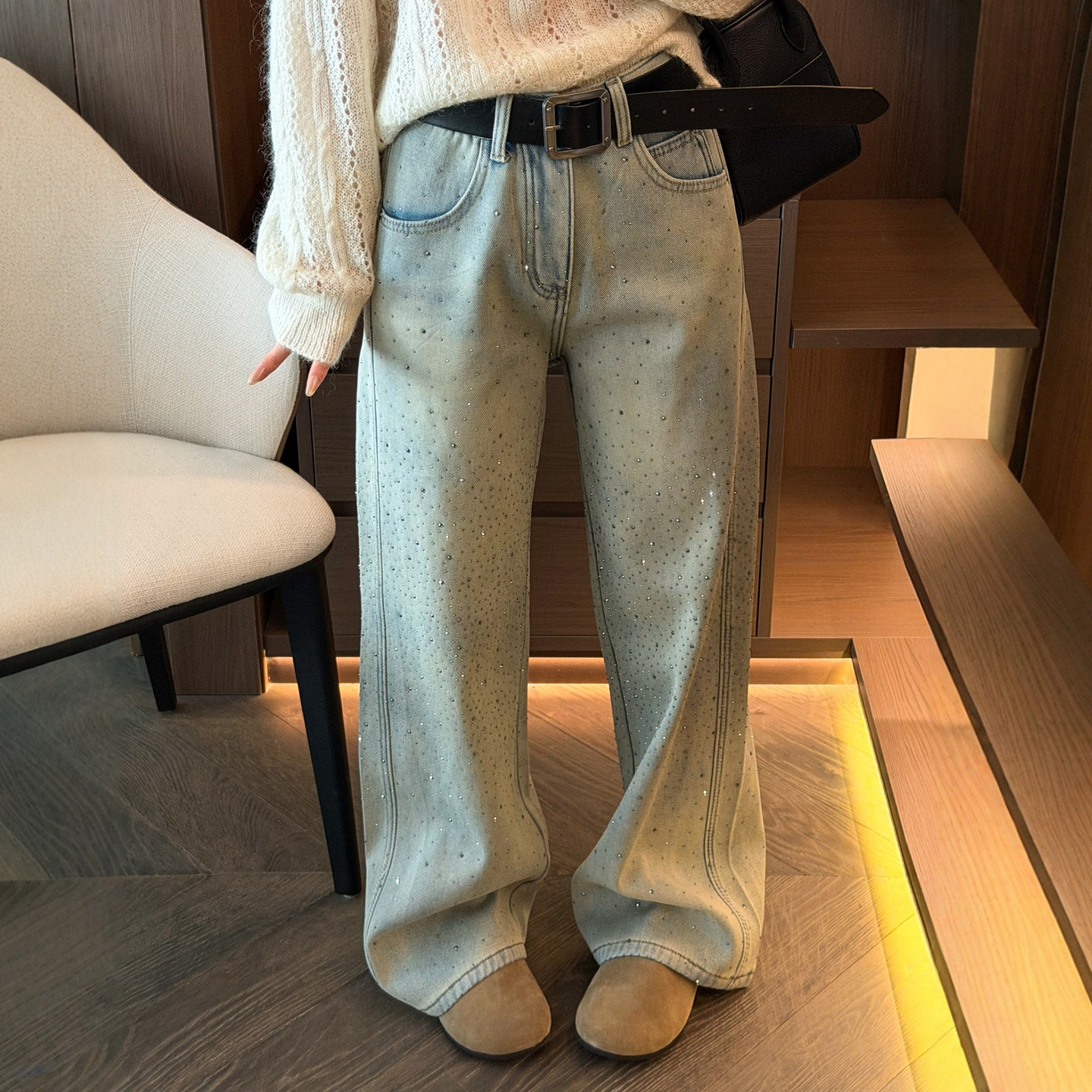 重工烫钻加绒阔腿牛仔裤女欧洲站2025冬装新款欧货时尚直筒裤子潮