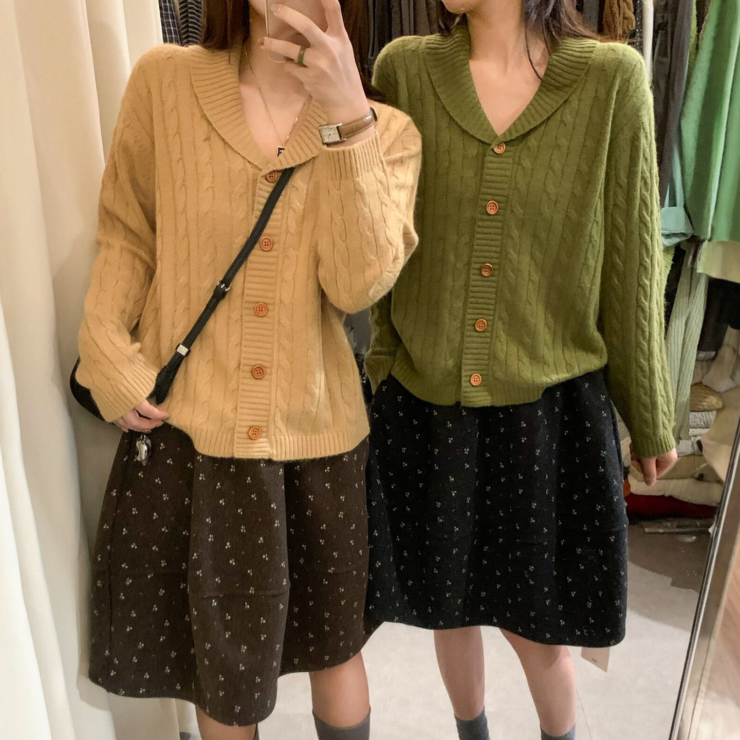 青果领麻花纹羊毛针织开衫欧洲站