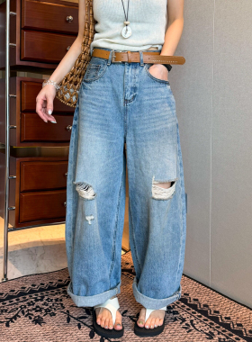 浅蓝色卷边破洞牛仔裤女欧洲站2026夏季新款欧货女装九分阔腿裤潮