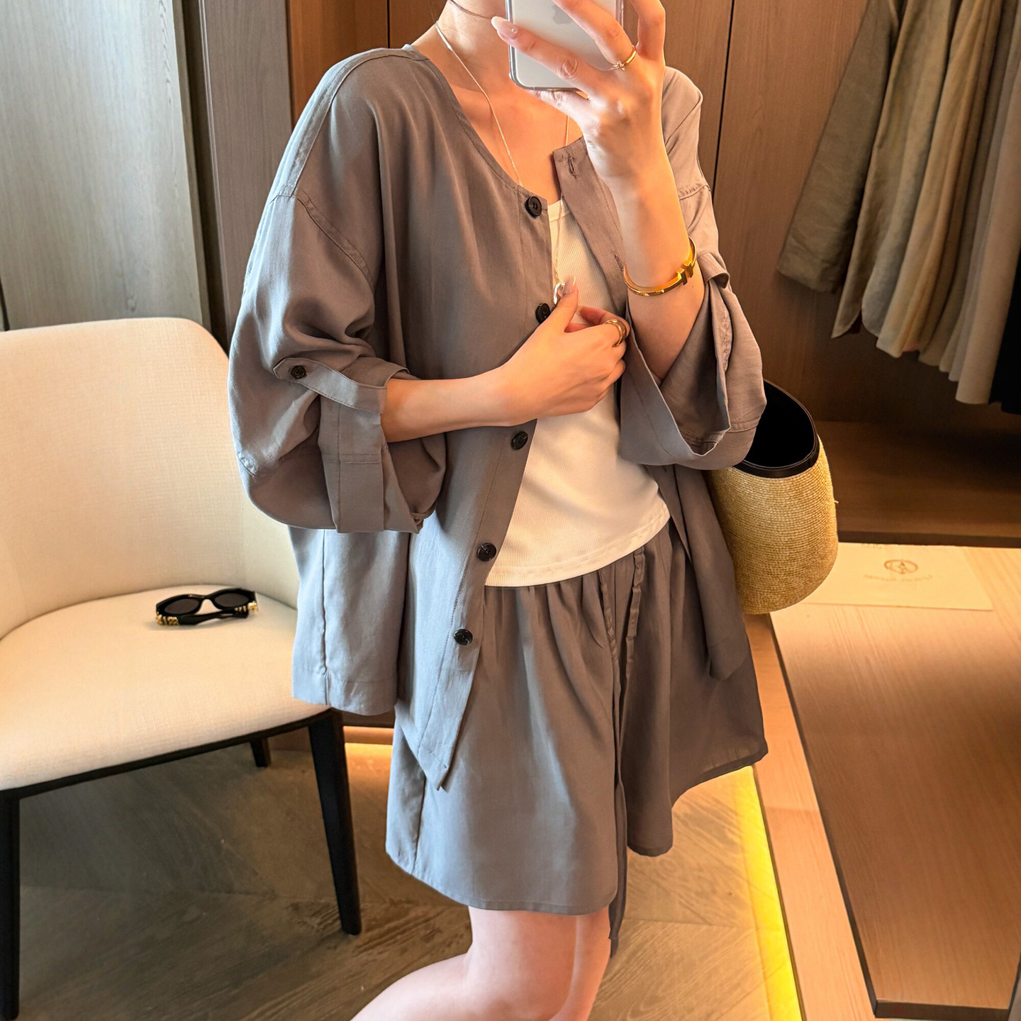 小香风防晒衬衫背心短裤三件套装