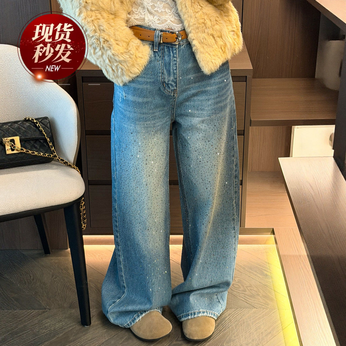 重工烫钻拖地阔腿牛仔裤女欧洲站2025冬装新款欧货女装拖地裤子潮