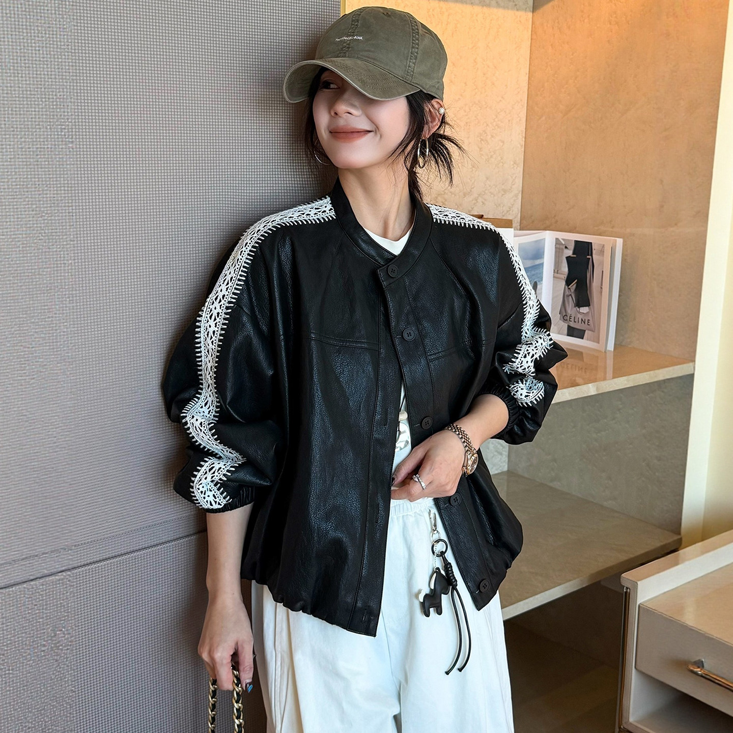 蕾丝拼接PU蛋白皮皮衣外套女欧洲站2026春装新款欧货女装棒球服潮