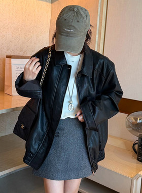 翻领PU蛋白皮皮衣外套女欧货外套