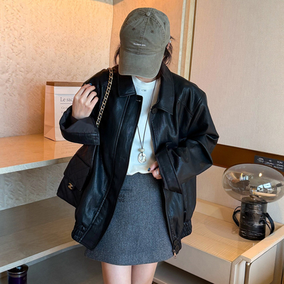 翻领PU蛋白皮皮衣外套女欧货外套