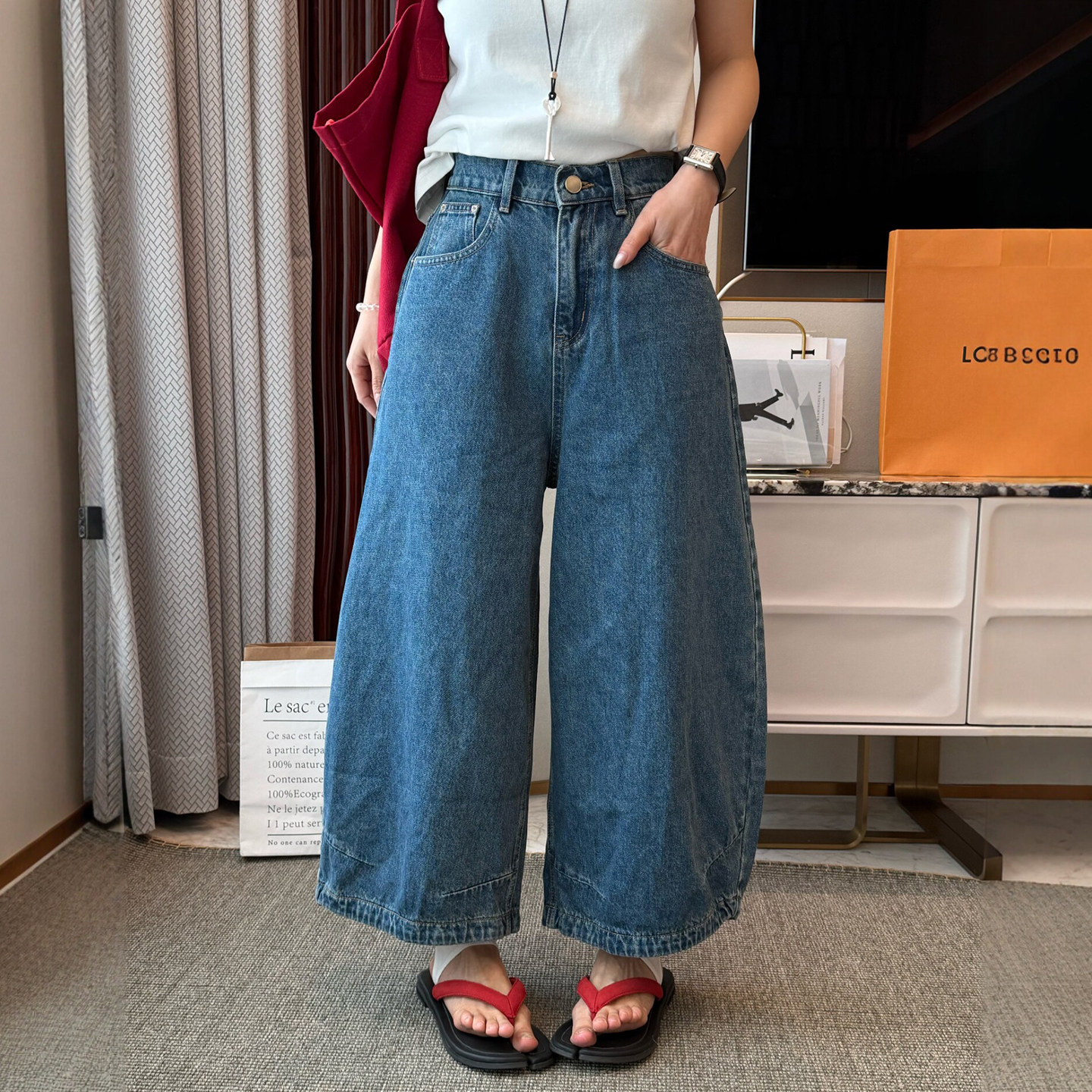 深蓝色气球九分牛仔裤女欧洲站2026春装新款欧货女装时尚阔腿裤潮