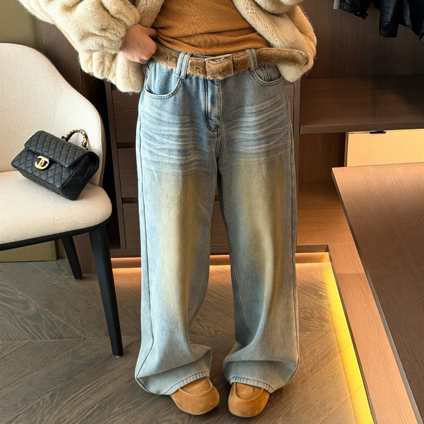 复古拖地加绒阔腿牛仔裤女欧洲站2025冬装新款欧货女装时尚裤子潮