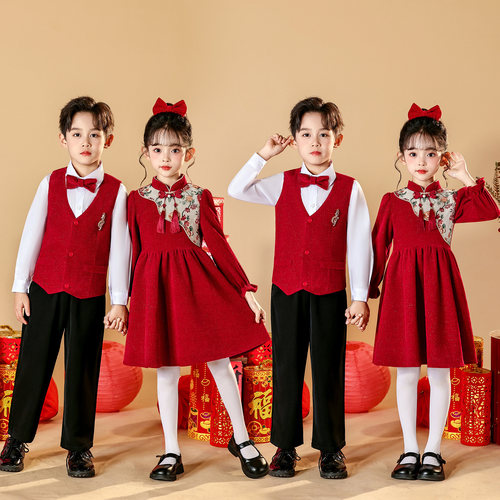 新款元旦儿童演出服小学生合唱服红色连衣裙复古国风女童古筝表演