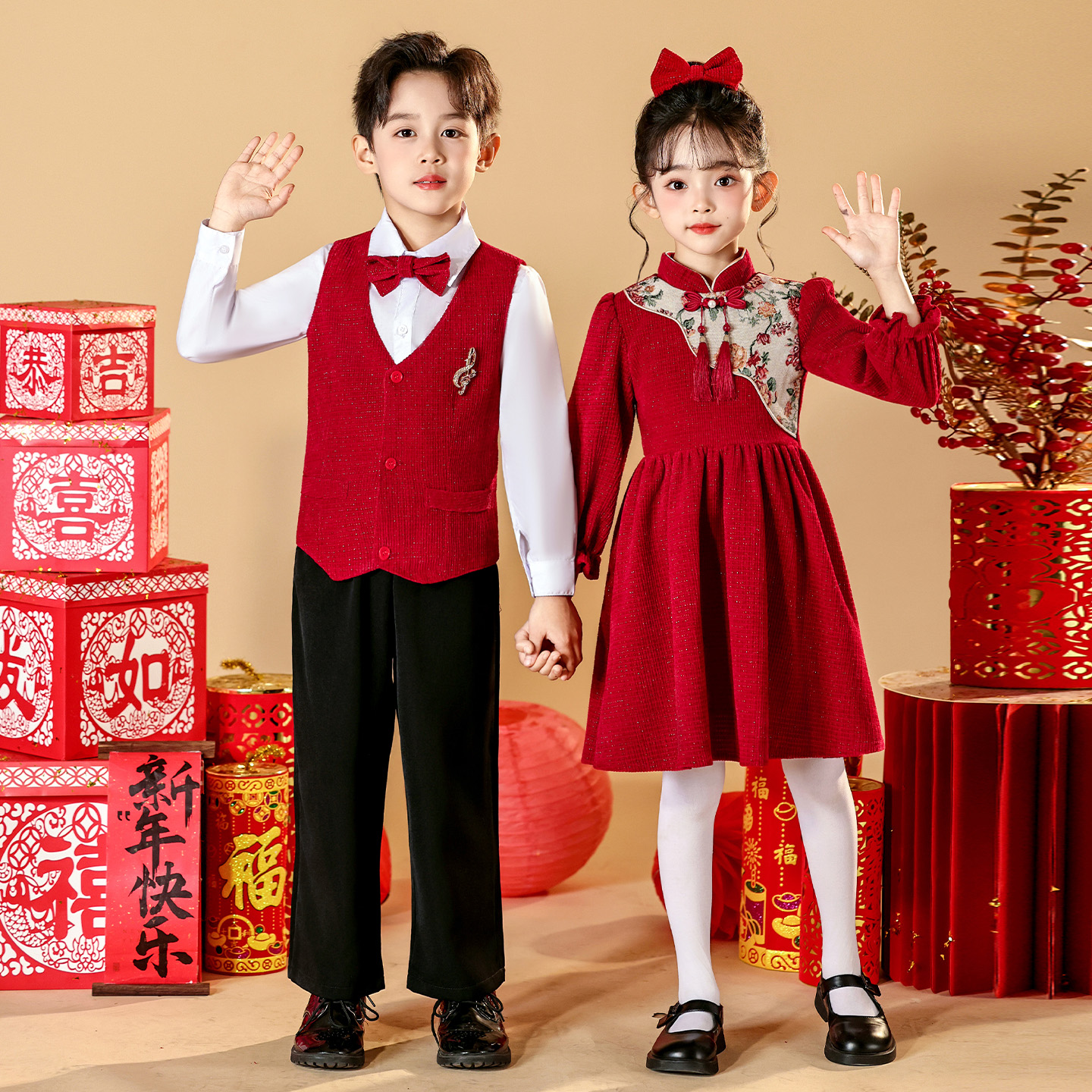 元旦儿童演出服小孩过年装女拜年服幼儿园红色喜庆表演服冬季加绒