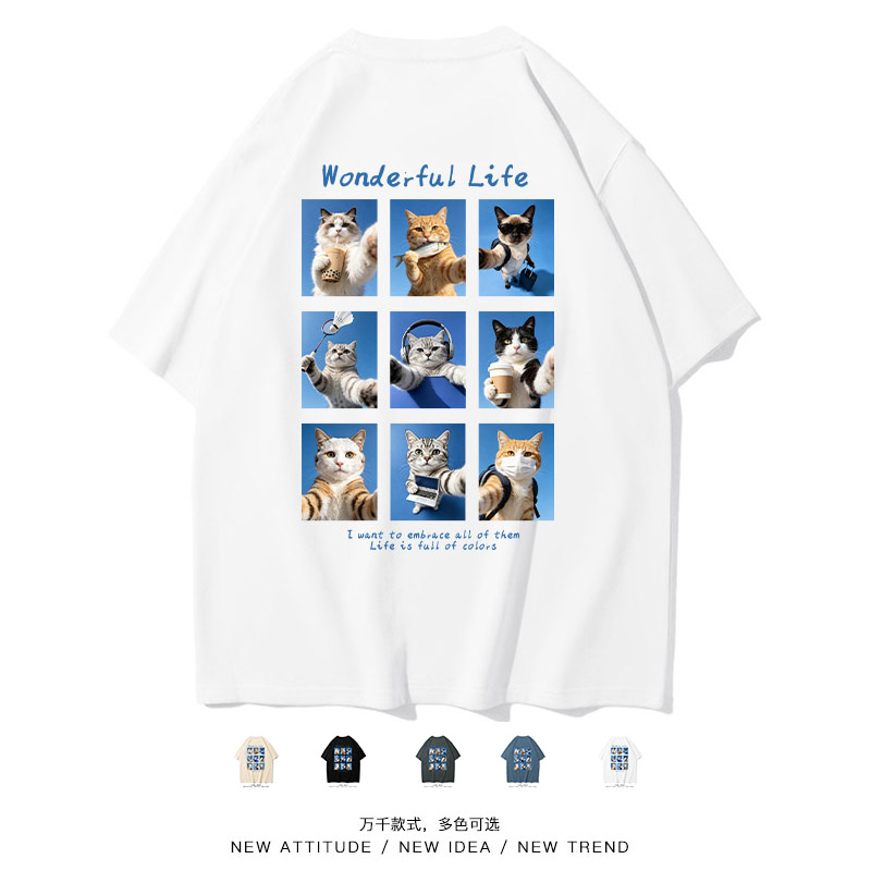 猫咪的蓝色九宫格日常个性短袖