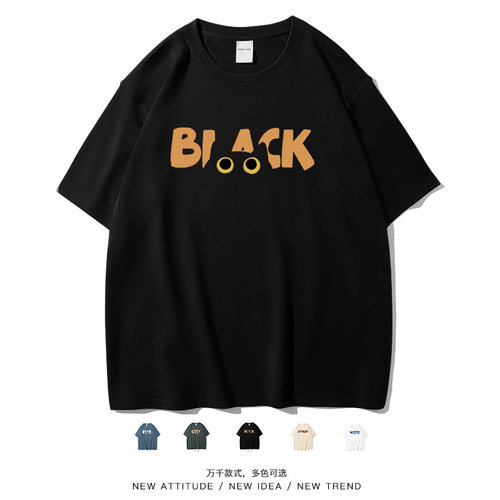 黑色猫BLACK英文简约短袖T恤趣味