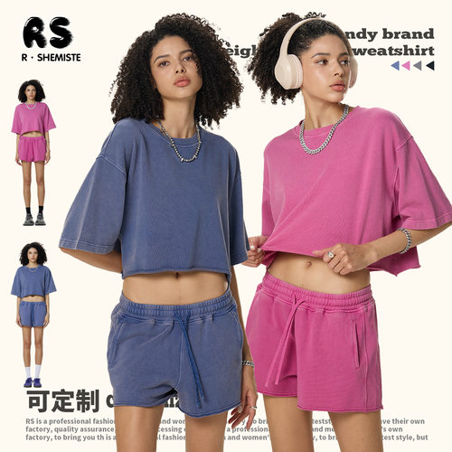 潮牌潮流RS女装|跨境水洗短宽短袖辣妹TEE夏季280G纯棉做旧短袖