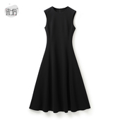 优雅极简圆领高腰立裁A字摆无袖 连衣裙中长款 背心裙赫本礼服裙秋