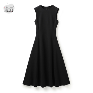 优雅极简圆领高腰立裁A字摆无袖 背心裙赫本礼服裙秋 连衣裙中长款