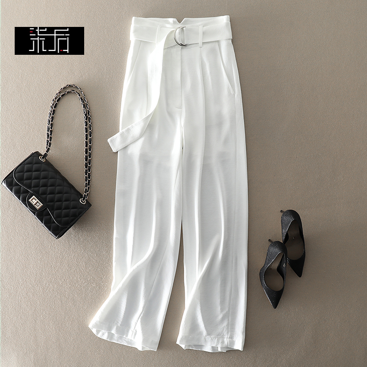 小众时髦气场~显廋显高腰绑带垂坠醋酸白色阔腿裤长裤2025女裤夏,女装/女士精品,休闲裤,淘宝优惠券,粉丝福利购,淘宝优惠卷