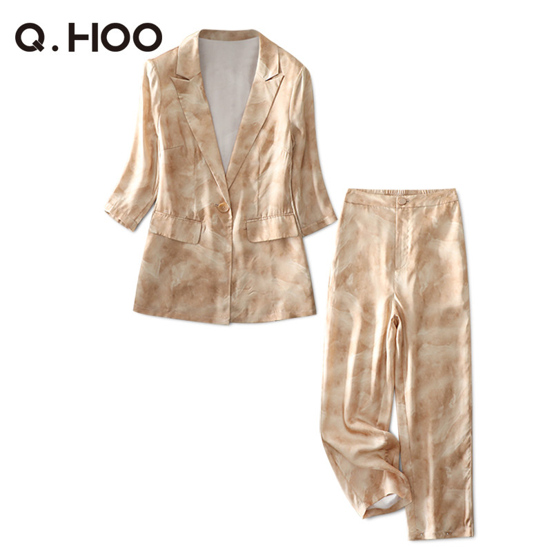 hoo柒后24春夏女装时尚休闲西装西裤铜氨丝印花套装女士两件套