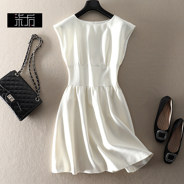 高级感白色丝毛包肩无袖连衣裙夏职场通勤收腰显瘦气质款A字短裙