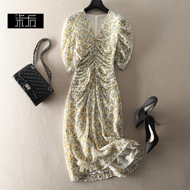 小碎花轻熟风抽绳修身连衣裙