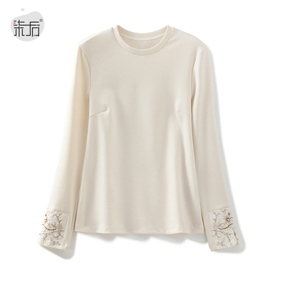 25秋冬新款原创设计师品牌羊毛混纺新中式刺绣钉珠长袖T恤上衣女