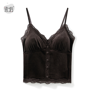 金丝绒拼接蕾丝加绒小吊带短款打底背心女秋冬气质性感内搭上衣