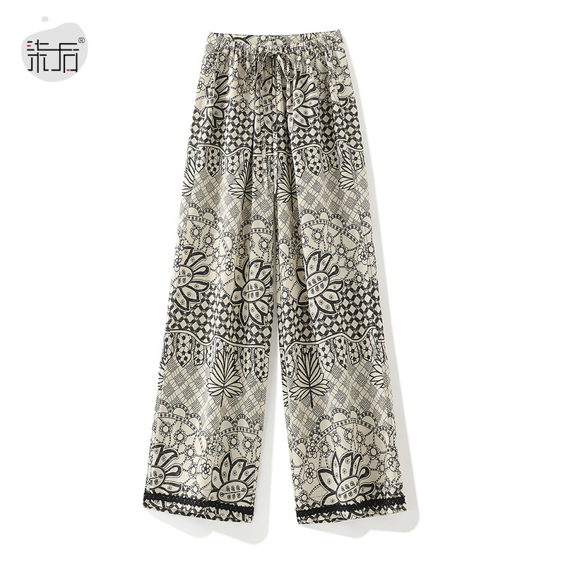 复古民族风高腰休闲裤天丝麻印花阔腿裤夏季薄款垂感度假风拖地裤