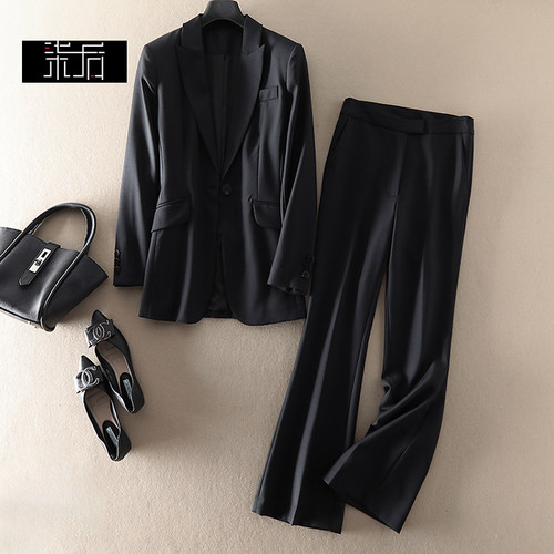 精纺羊毛西装微喇裤套装