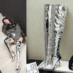 高跟小圆头长靴细跟长筒靴镜面银色亮漆皮过膝靴夜店舞台表演女鞋