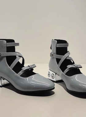 金色银色漆皮水钻宝石粗跟高帮玛丽珍蝴蝶结单鞋小码模特走秀比赛