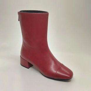 欧美小香风粗跟短靴拼色撞色小靴子小码模特走秀舞台表演比赛鞋子