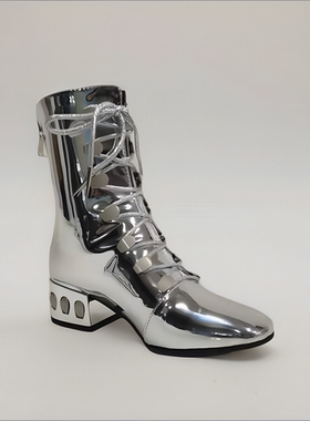 金色银色红色亮漆皮粗跟绑带马丁靴模特走秀比赛表演小码大码短靴