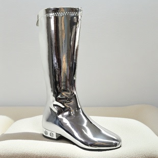 亮漆皮宝石水钻平跟高筒靴瘦腿弹力靴小码模特走秀比赛舞台表演鞋