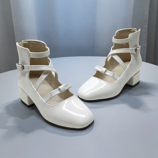 春夏粗跟亮漆皮玛丽珍高帮单鞋小码模特走秀比赛舞台PK表演小黑鞋