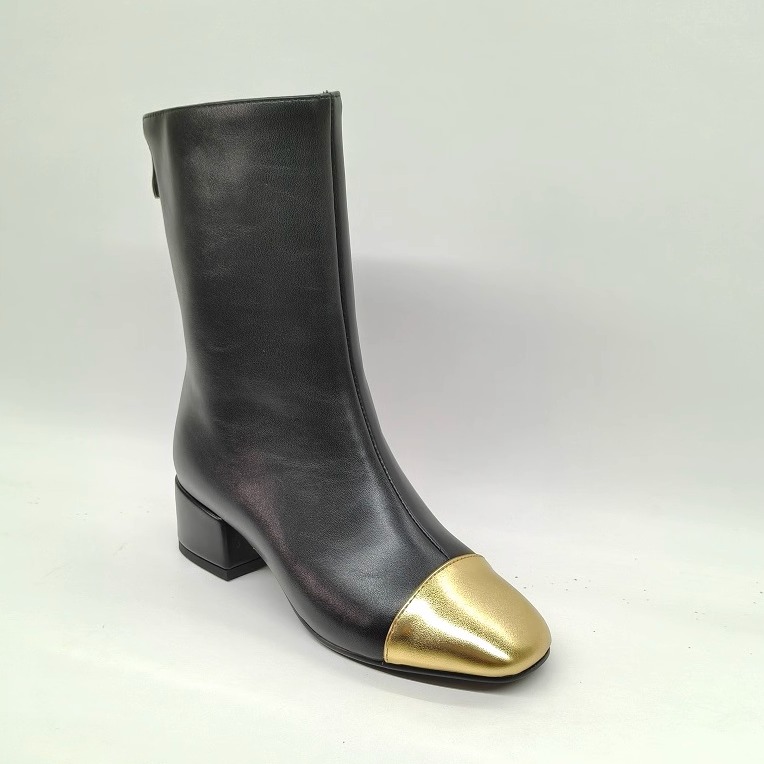 欧美小香风粗跟短靴拼色撞色小靴子小码模特走秀舞台表演比赛鞋子