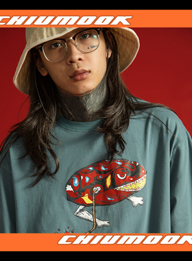 OSCILL 复古青蛙玩具炸弹蓝绿宽松T恤短袖