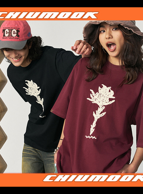 OSCill 毛毡玫瑰短袖宽松全棉T恤