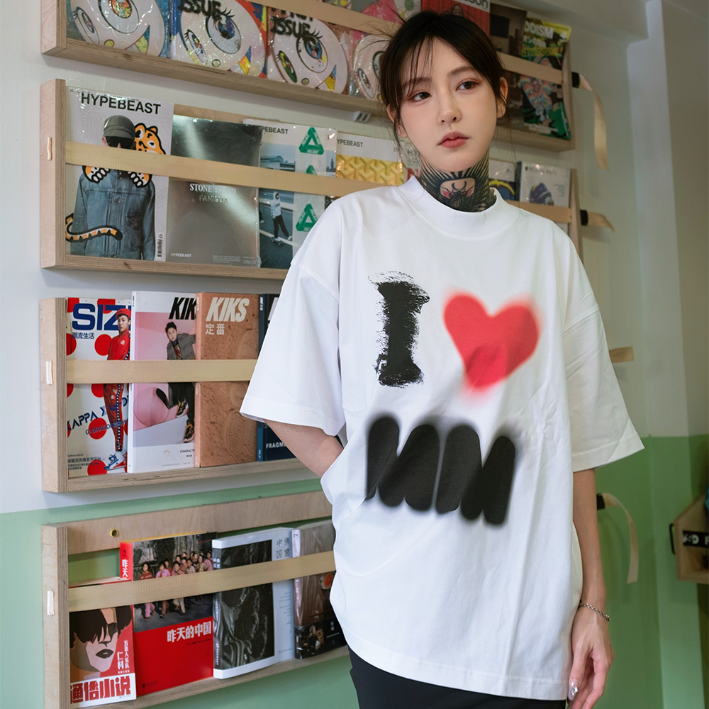 Chiumook 潮牧 I LOVE MM 我爱MM千禧主题小领口短袖T恤白