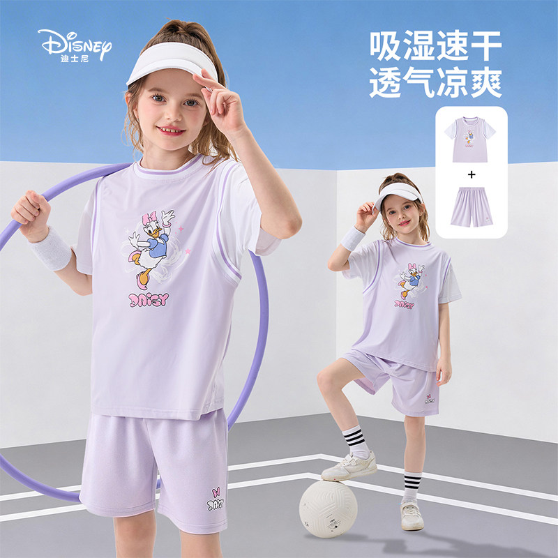 迪士尼凉感速干运动套装2026夏季新款女童休闲透气短袖短裤两件套