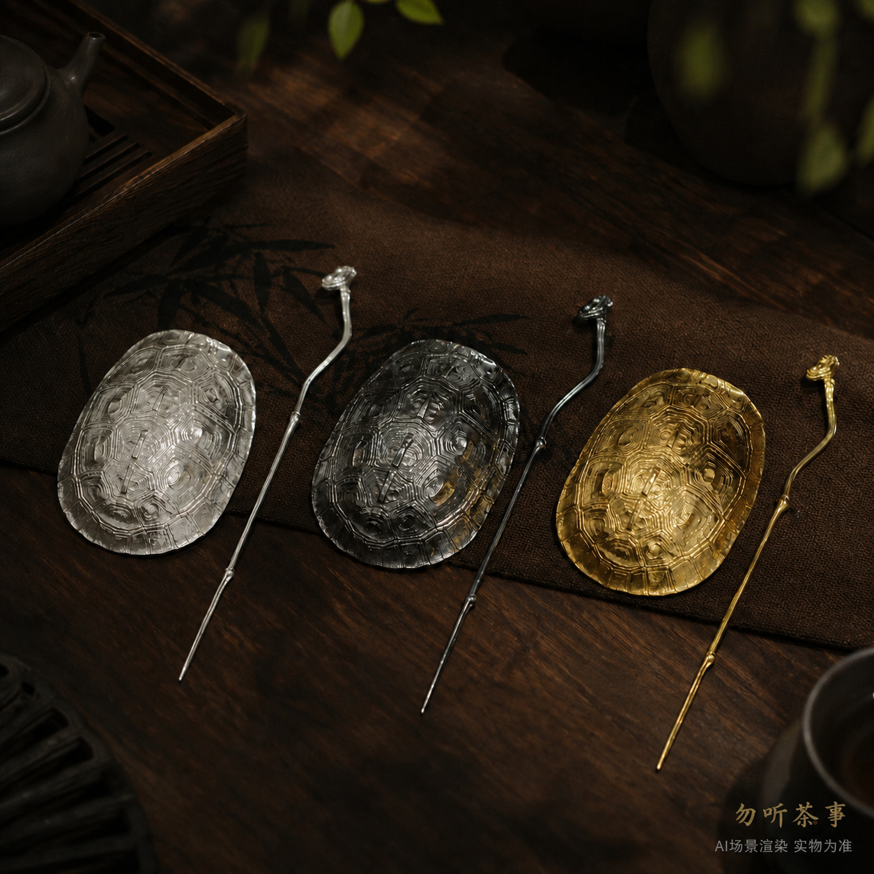 足银999茶则纯手工一张打仿生龟壳茶道配件富甲天下茶拨茶则套装