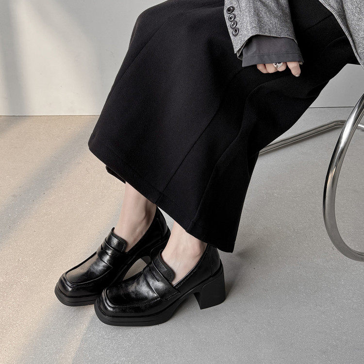 7cm防水台方头高跟鞋不累脚2026新款厚底粗跟一脚蹬乐福软底单鞋