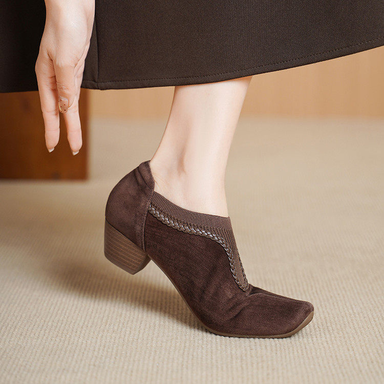 4cm复古磨砂真皮针织拼接粗跟深口单鞋女2026软底方头中跟乐福鞋,女鞋,深口单鞋,淘宝优惠券,粉丝福利购,淘宝优惠卷