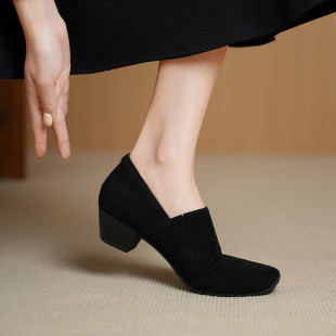 4cm超软羊皮乐福鞋女2026新款粗跟中跟深口单鞋不累脚通勤工作鞋