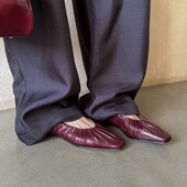 女平底方头一脚蹬舒适奶奶鞋 1.2cm超软小羊皮法式 复古风褶皱单鞋