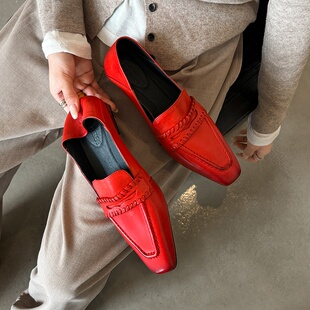 2.5cm本命年红色乐福鞋女真皮时尚软皮平底软底不累脚小皮鞋单鞋